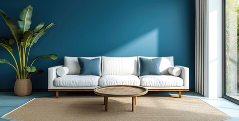 couch, blue wall and wood coffee table in living room 3d rendering