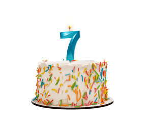 7 shaped candle light on happy birthday cake isolated on white background, transparent png