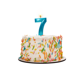 7 shaped candle light on happy birthday cake isolated on white background, transparent png