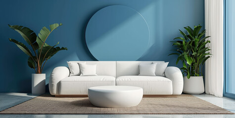 Fototapeta na wymiar couch, blue wall and wood coffee table in living room 3d rendering