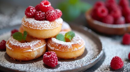 Fresh fried cheesecakes sprinkled with powdered sugar and raspberries - obrazy, fototapety, plakaty