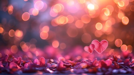 Beautiful blurred background with pink hearts and transparent bokeh lights
