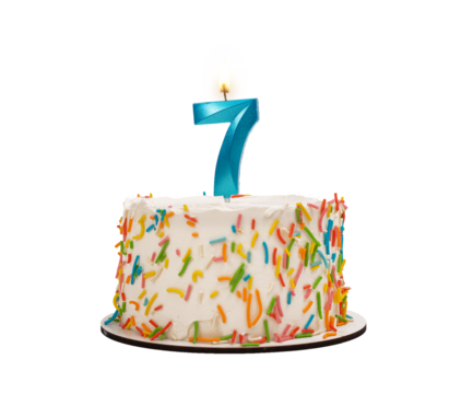 7 shaped candle light on happy birthday cake isolated on white background, transparent png