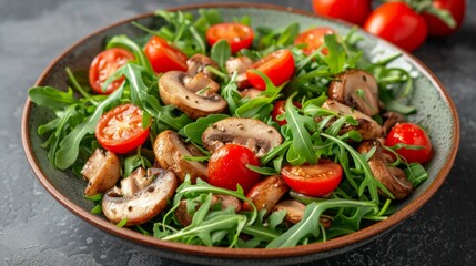 Salad of fried mushrooms, arugula and cherry tomatoes