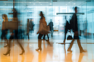 People rushing by, walking through a modern building, depicting a busy work environment - 721550232