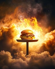 Hamburger on a metal stand on a colorful background with neon light. hamburger placed on a celestial pedestal, bathed in divine light. The whimsical composition and vibrant colors