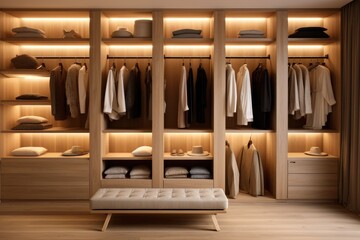 A modern minimalist wardrobe interior with light natural wood shelving and led lights. Closet room