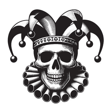 Medieval jester skull. Vintage engraving vector illustration. Logo, emblem, woodcut. Black and white line art. Isolated object