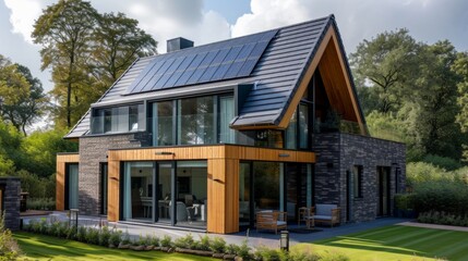 Modern English style house with solar panels on the roof
