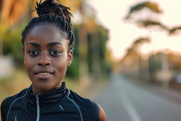 Handsome african american sportswoman running at the street