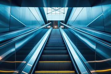 Obraz premium Bottom up view of modern escalators in metro