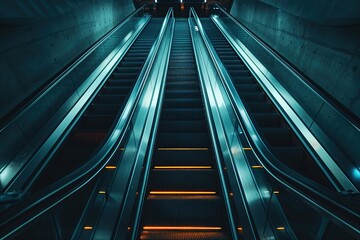Obraz premium Bottom up view of modern escalators in metro