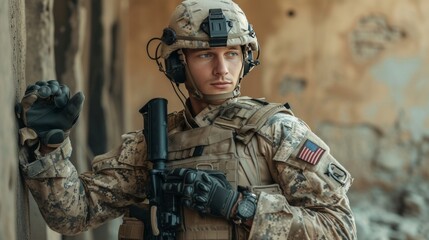Obraz premium Young handsome military man with bionic prosthetic arm
