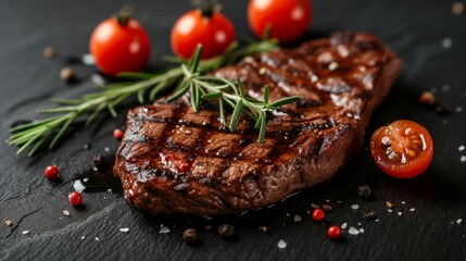 Delicious grilled beef steak with cherry tomatoes and a sprig of rosemary