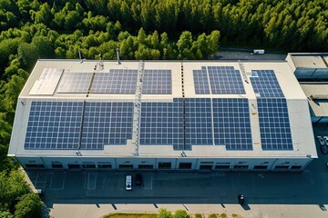 Aerial view of photovoltaic solar panels on the warehouse roof