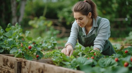 Woman Gardener in a green apron weeds strawberries in a wooden bed in summer garden