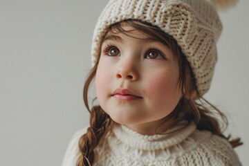 Sweet simplicity in focus as a young cute girl model poses with grace against a clean white backdrop, her adorable outfit and innocent expression contributing to an endearing image.