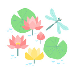 Cute vector composition of water pink and yellow lilies on pond with dragonfly. Children's simple illustration in pastel colors on white isolated background.