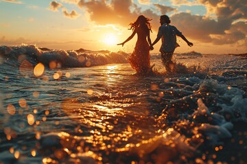 The carefree spirit of a young dancing couple, spinning and twirling on a sandy beach as waves gently kiss the shore. - obrazy, fototapety, plakaty