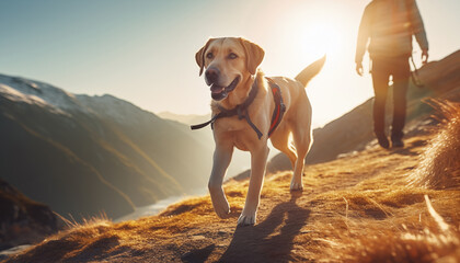 Beautifull sunset golden hour light photo of labrador cute dog during evening walk on the green mountains hills with owner on background. Lovely pets, animals and active life concept photo. - obrazy, fototapety, plakaty