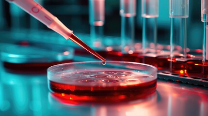 Biomedical research, pipetting sample into a petri dish in lab