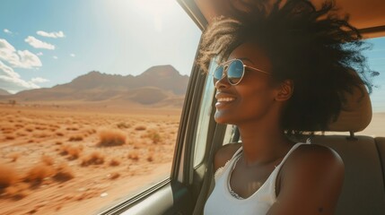 Black woman on road, enjoying window view of desert and traveling in sun on holiday road trip of South Africa.