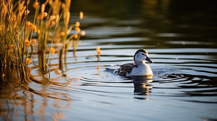 A bird is enjoying a swim in the lake - obrazy, fototapety, plakaty