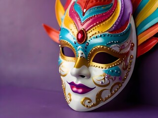 The concept of party and entertainment is represented by a vibrant carnival mask adorned with a multitude of bright colors, leaving ample space for text. Generative AI