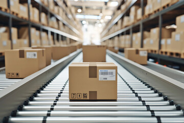 Packages on the conveyor belt of a warehouse, package shipping logistics concept