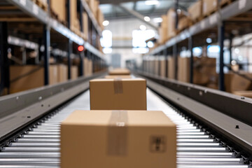 Packages on the conveyor belt of a warehouse, package shipping logistics concept