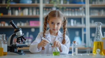 Cute little girl wear lab coat and using syringe to suck the green solution in the laboratory. Elementary school science classroom. Microscope on the table.