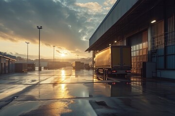 A truck arrives to a loading area of a modern factory or warehouse after raining. Clouds at sunset. Logistic and delivery concepts