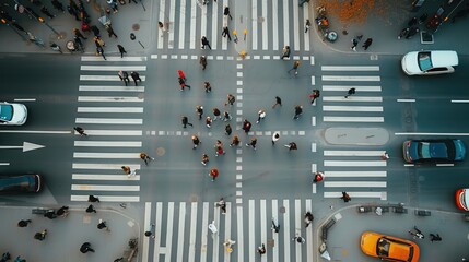 From the top view of people walk on street pedestrian crossroad in the city street ,bird eye view.