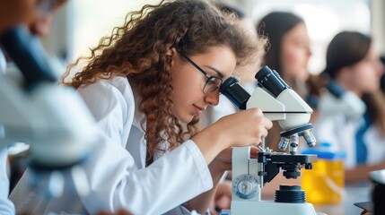 Group of college students performing experiment using microscope in science lab. University focused student looking through microscope in biology class. - obrazy, fototapety, plakaty