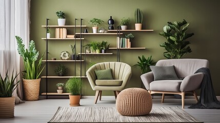 A contemporary living room that features a structure, painting, a large variety of cacti and plants, an armchair, wooden shelves, and accessories, and a unique wall carpet on the floor.