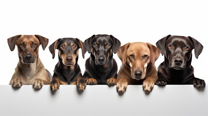 A group of dogs looking up isolated on white can be seen from behind
