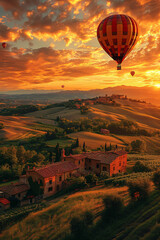 An aerial journey in a colorful hot air balloon, soaring over a picturesque landscape of rolling fields and fluffy clouds during a majestic sunrise or sunset