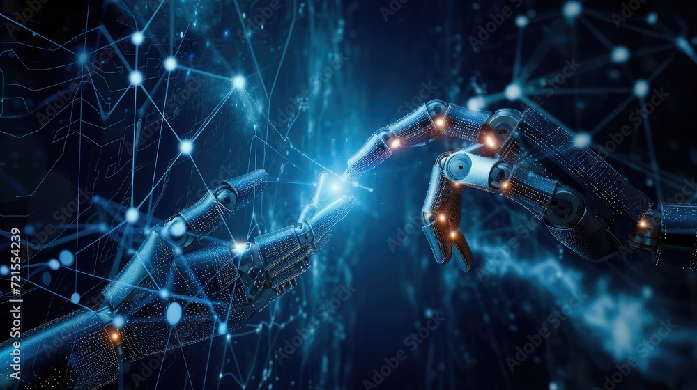 Poster machine learning, hands of robot and human touching on big data network connection, data exchange