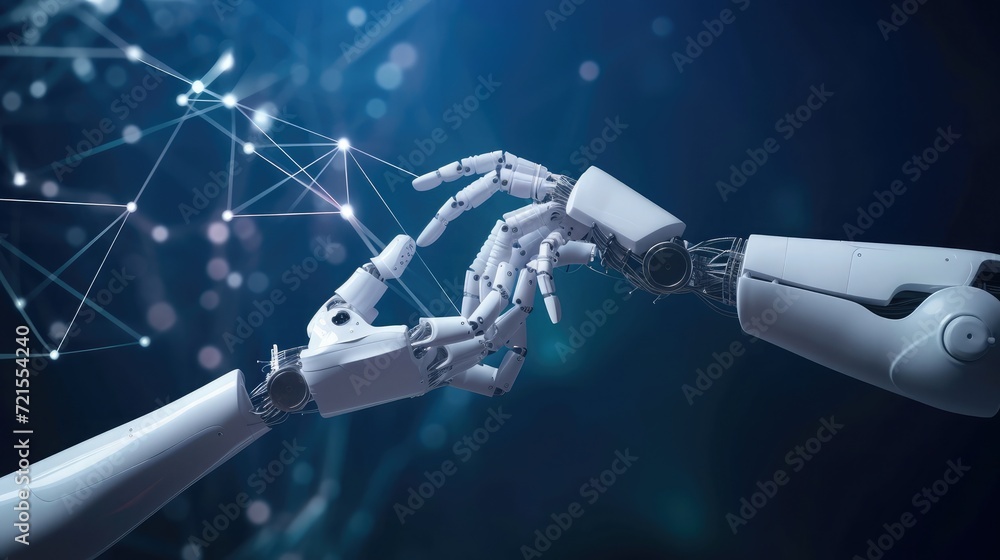 Poster machine learning, hands of robot and human touching on big data network connection, data exchange