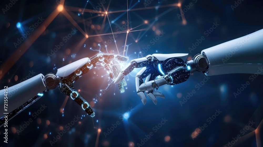 Poster machine learning, hands of robot and human touching on big data network connection, data exchange