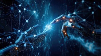 Machine learning, Hands of robot and human touching on big data network connection, Data exchange