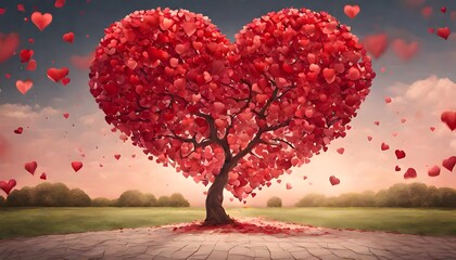 Love tree red heart shaped tree, heart red valentine tree meadow sky isolated, valentines day concept with red hearts,  red tree with shape of heart in filed, Valentine tree, love, leaf from hearts
