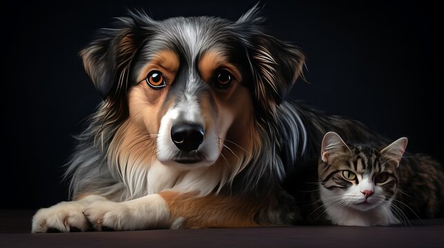 A lovely photo of a small dog and a cat in a pet portrait.