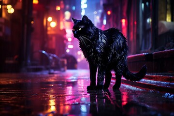 cold wet black cat alone in the cyberpunk city