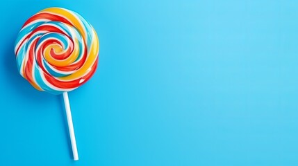 A party accessory that is delicious and appetizing, a sweet swirl candy lollypop on a blue background with a top view.