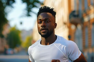 Fototapeta premium Handsome african american sportsman running at the street