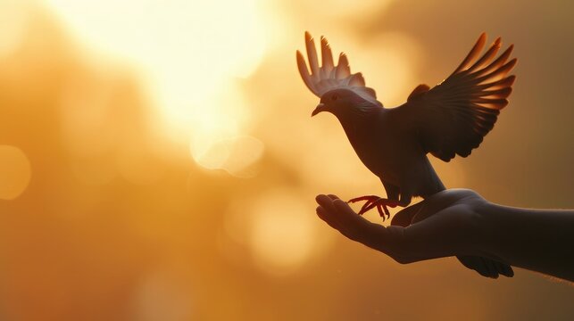 silhouette pigeon flying out of two hand and freedom concept and international day