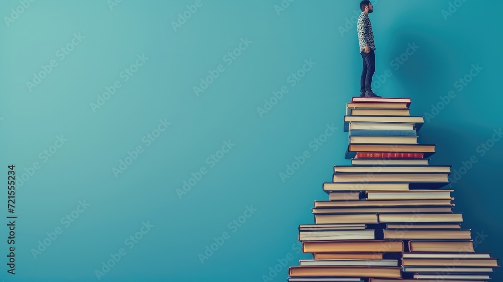 Poster studying climbing up to the book stack. a concept of education process. copy space for text. distanc