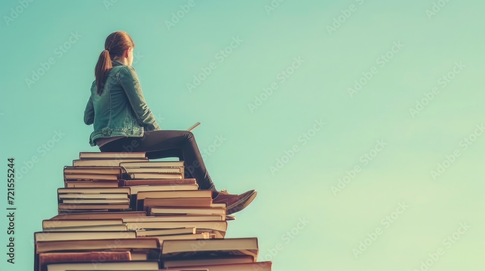 Poster studying climbing up to the book stack. a concept of education process. copy space for text. distanc