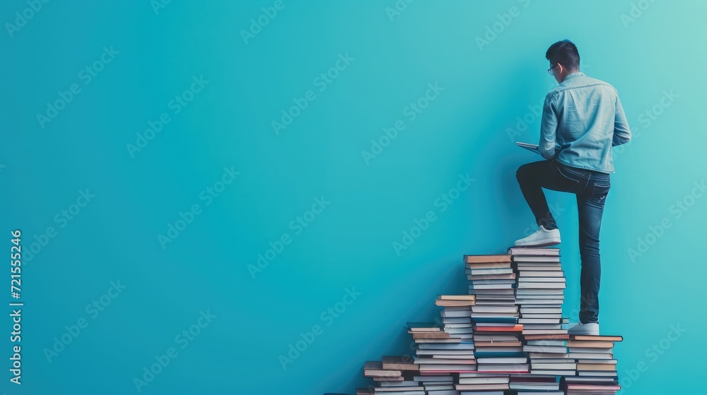 Poster studying climbing up to the book stack. a concept of education process. copy space for text. distanc